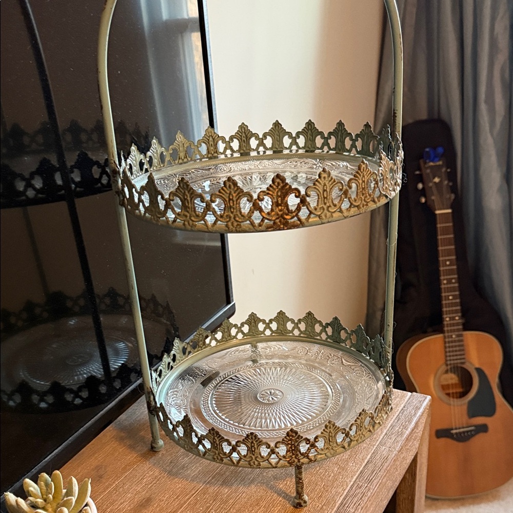 Vintage Two-Tier Metal and Glass Stand